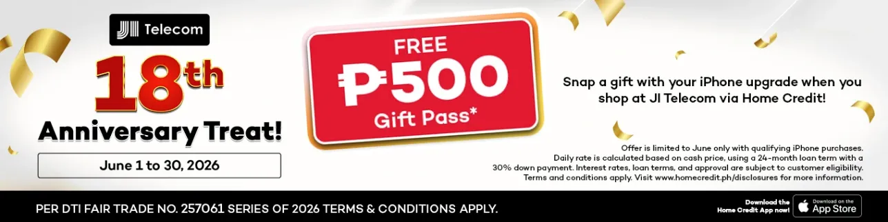 Banner showing JI Telecom's Anniversary Treat - P500 worth of gift pass